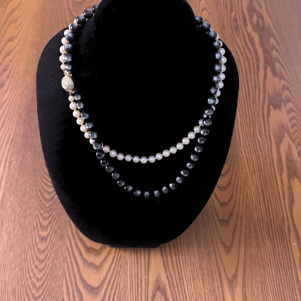 Vintage West Germany Double Strand Black White Faux Pearl Necklace